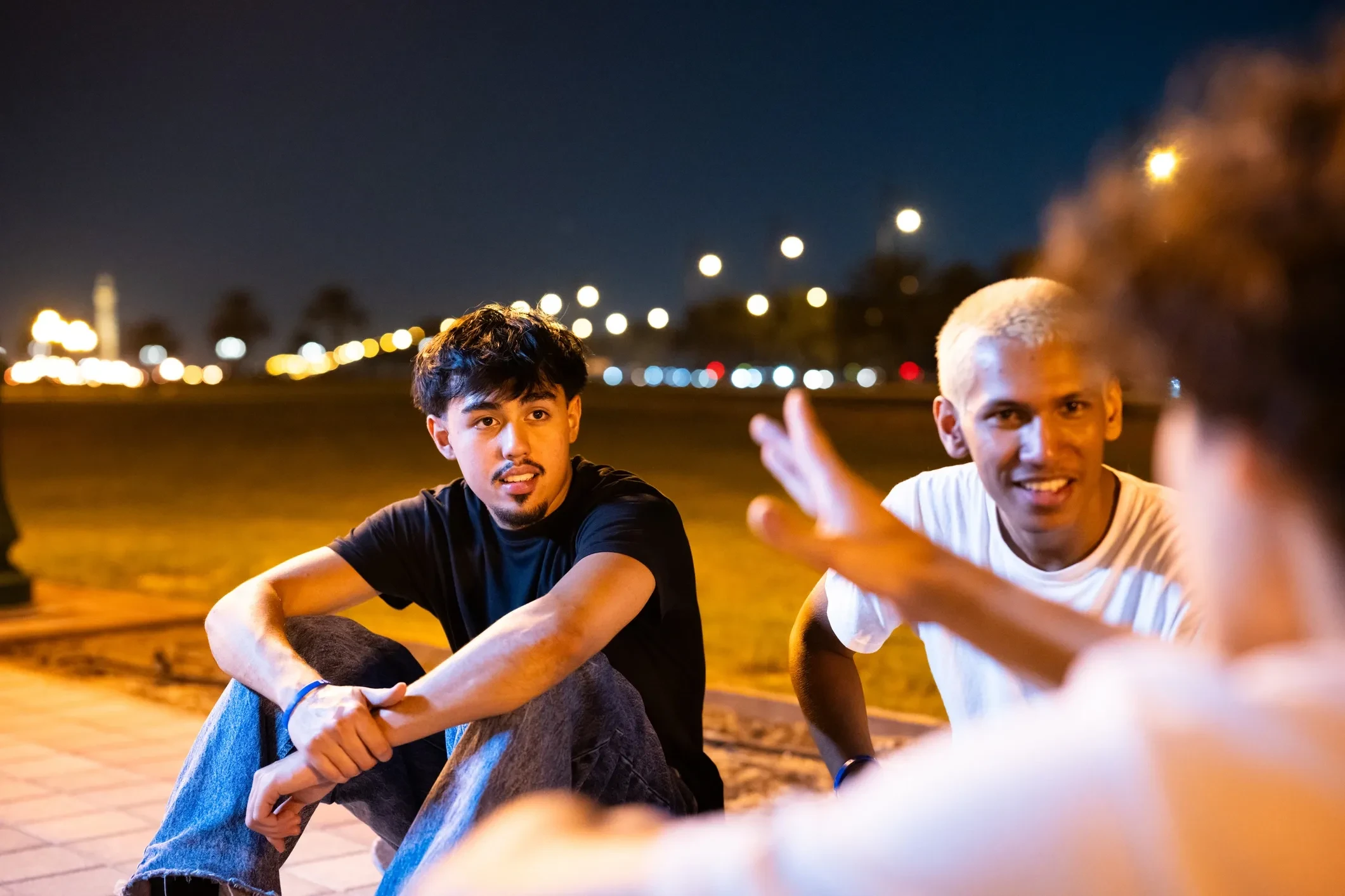 Students exploring the city in the evening